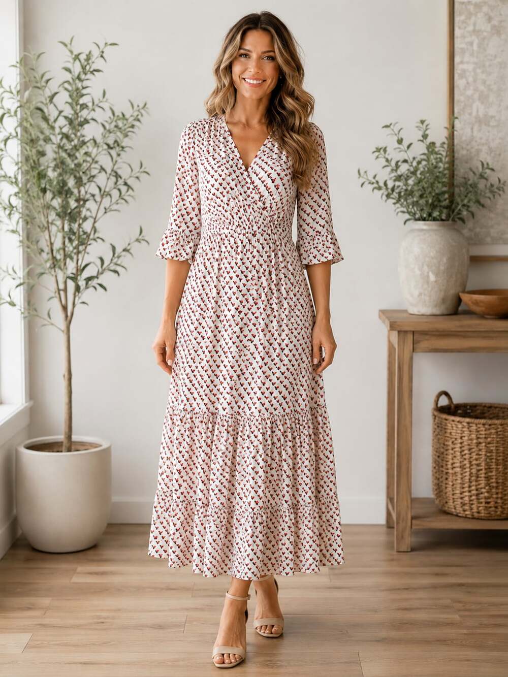 Hayden Los Angeles Geometric Tiered Maxi Dress V Neck Boho Ivory Pink Black S